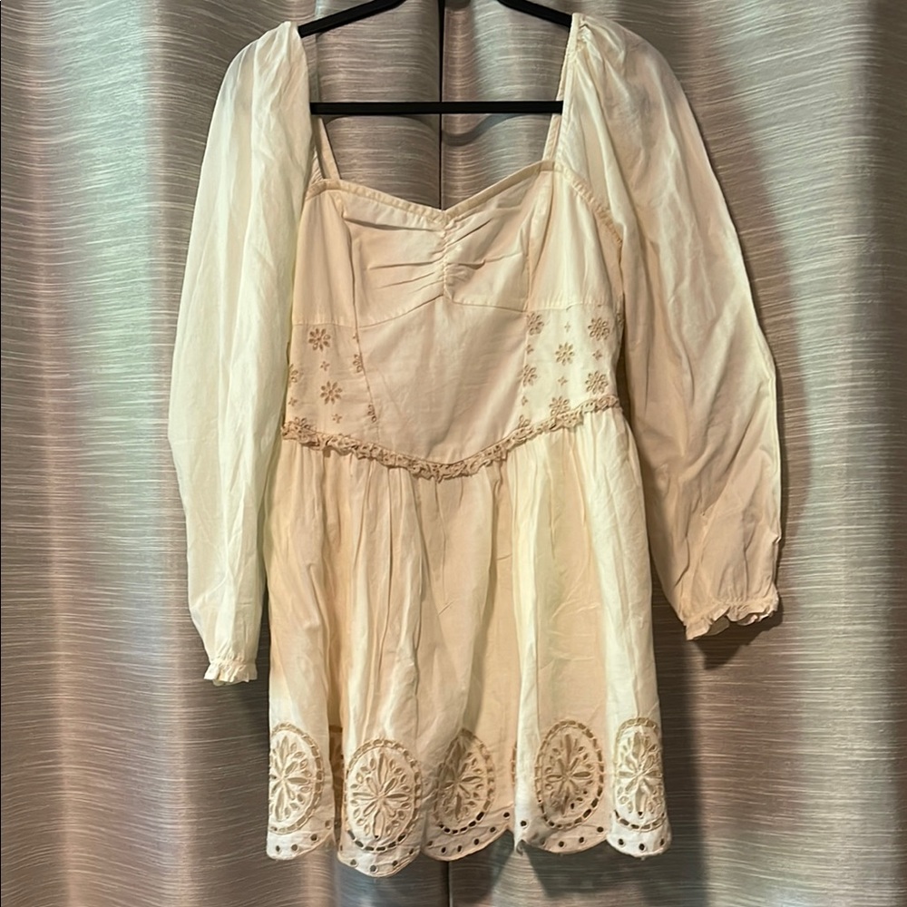 American Eagle Cream Long Sleeve Embroidered Dress